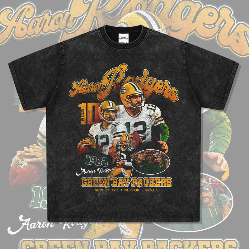 Mens Vintage baseball T-Shirt Aaron Rodgersl Rugby Vintage Print Short Sleeve Washed Old T-Shirt