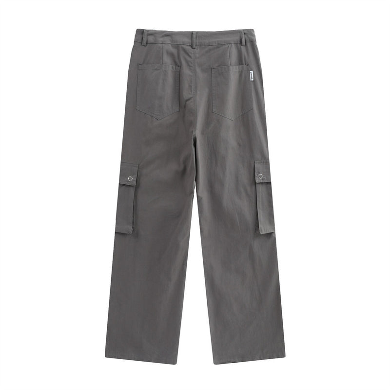 Men Sweatpants Multi-Pocket Workwear Casual Pants Button Split Solid Color Straight-Leg Trousers