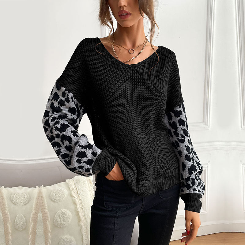 Women Knitted Sweater Autumn Crew Neck Knitted Pullover Leopard-Print Sweater