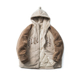 Unisex Winter Cotton Coat Letter Embroidered Hooded Cotton Coat Vintage Loose Cotton Coat
