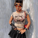 Women T-shirt Punk Floral Mesh Floral Print Casual Fitted Short T-shirt