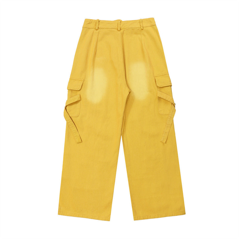 Women Pants Ripped Multi-Pocket Jeans Hip Hop Washed Straight Loose-Fitting Wide-Leg Trousers