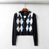 Women Sweater Knitwear Vintage Diamond Plaid Stitching V-neck Knitted Cardigan