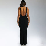 Women Dresses Sling Backless Lace up Long Slim Fit Dress (Bla0420)