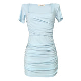 Women Dresses Square Collar Dress Short-Sleeved Sheath Dress Skirt