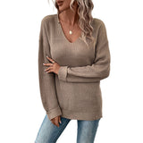 Women Knitted Sweater Autumn and Winter Long Sleeve Solid Color and V-neck Sweater