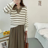 Women Knitwear Autumn and Winter Striped Lapel Knitwear Loose Sweater