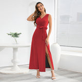 Women Date Dress Sexy Sleeveless V-neck Slit Slim Fit Long Dress