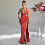 Women Dresses Spring Sexy V-neck Backless Self-Tie Slit Dress