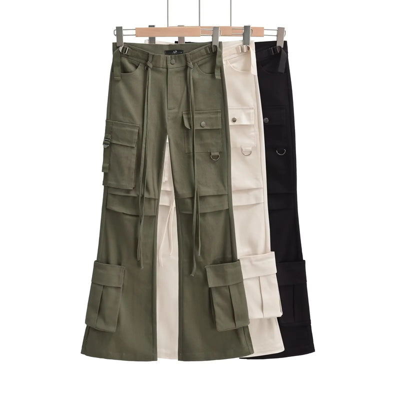 Women Sweatpants Flared Overalls Slim Fit Multi-Pocket Casual Pants