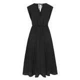 Women Date Dress Summer V-neck Pleated Sleeveless Waist Dress