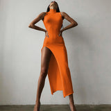 Women Dresses round Neck Sleeveless Slim Fit Slit Long Dress