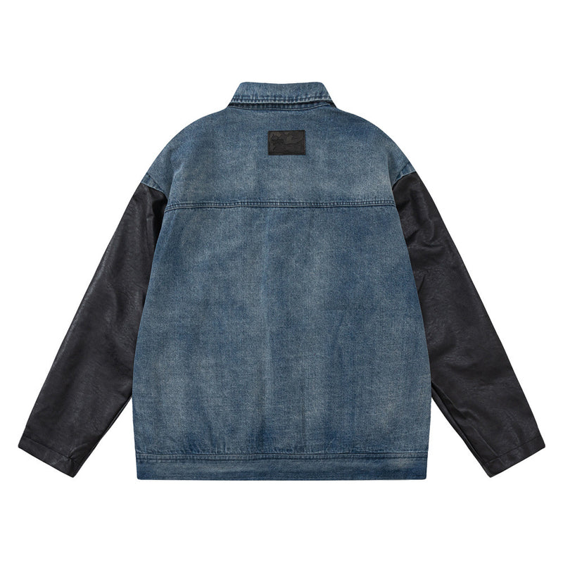 Men Jacket Coat PU Leather Sleeve Denim Jacket Men Lapel Motorcycle Clothing Coat