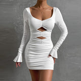 Honeymoon Dresses Autumn and Winter Women's Hollow Dress Long Sleeve Sexy V-Neck