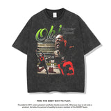 Mens Vintage baseball T-Shirt OBJ Printed Short Sleeve T-Shirt Crew Neck Washed Old Loose Cotton