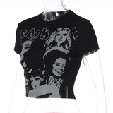 Women T-shirt Face Print Pattern Y2g round Neck Short Sleeve Slim Top