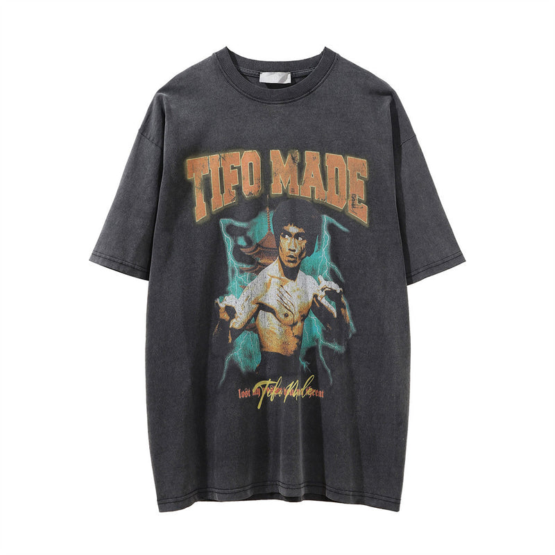 Men Vintage T-Shirt Printed Men's Short-Sleeved T-shirt Distressed round Neck