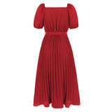 Women Date Dress Summer V-neck Puff Sleeve Lace-up Pleated Dress