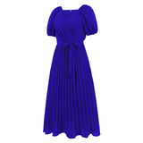 Women Date Dress Summer V-neck Puff Sleeve Lace-up Pleated Dress