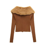 Women Sweater Knitwear Spring Style Long Sleeve Sexy Fur Collar Knitted Coat