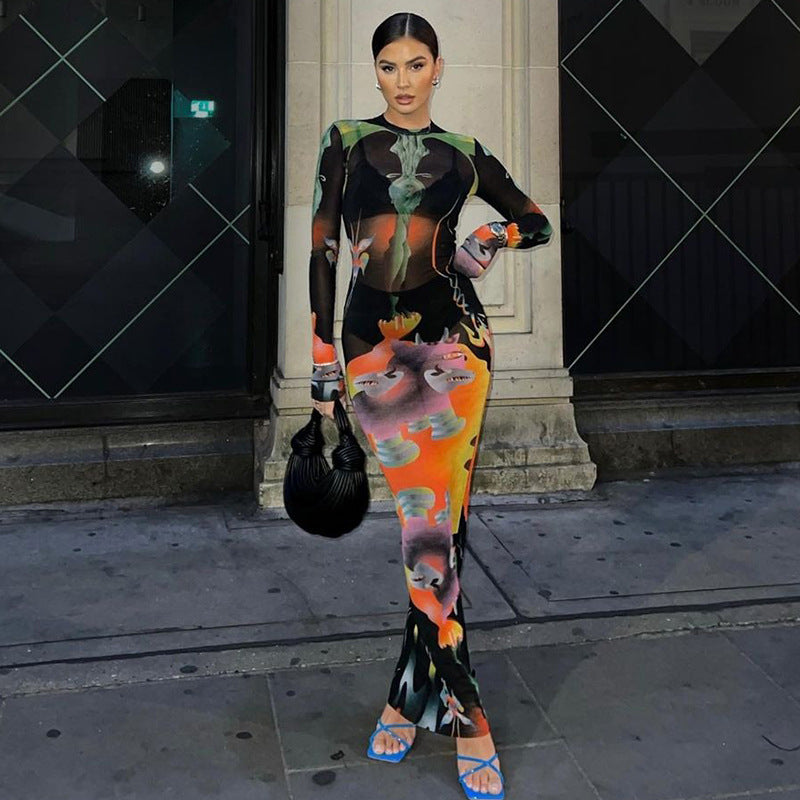 Women Dresses Autumn Printed Slim Fit round Neck Long Sleeves Long Dress