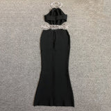 Women Evening Dress Hollow-out Midriff Backless Black Dress Bandage Gown