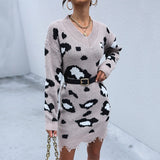 Women Knitted Sweater Autumn Knitted Long Sleeve V-neck Shabby Leopard Print Woolen Skirt