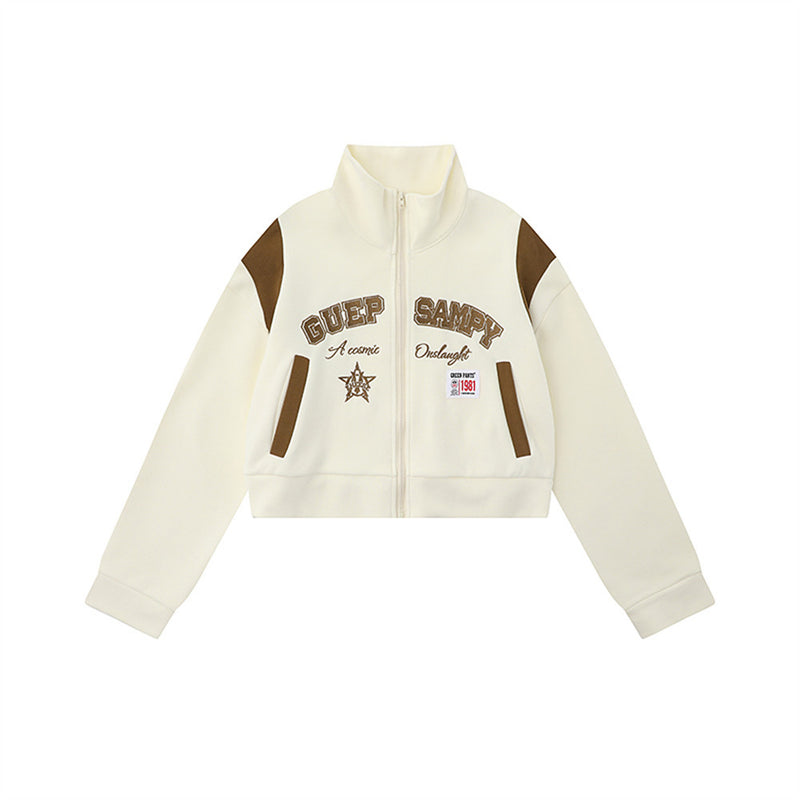 Women Jacket Letter Embroidered Coat Stand Collar Short Casual Zipper Cardigan Top