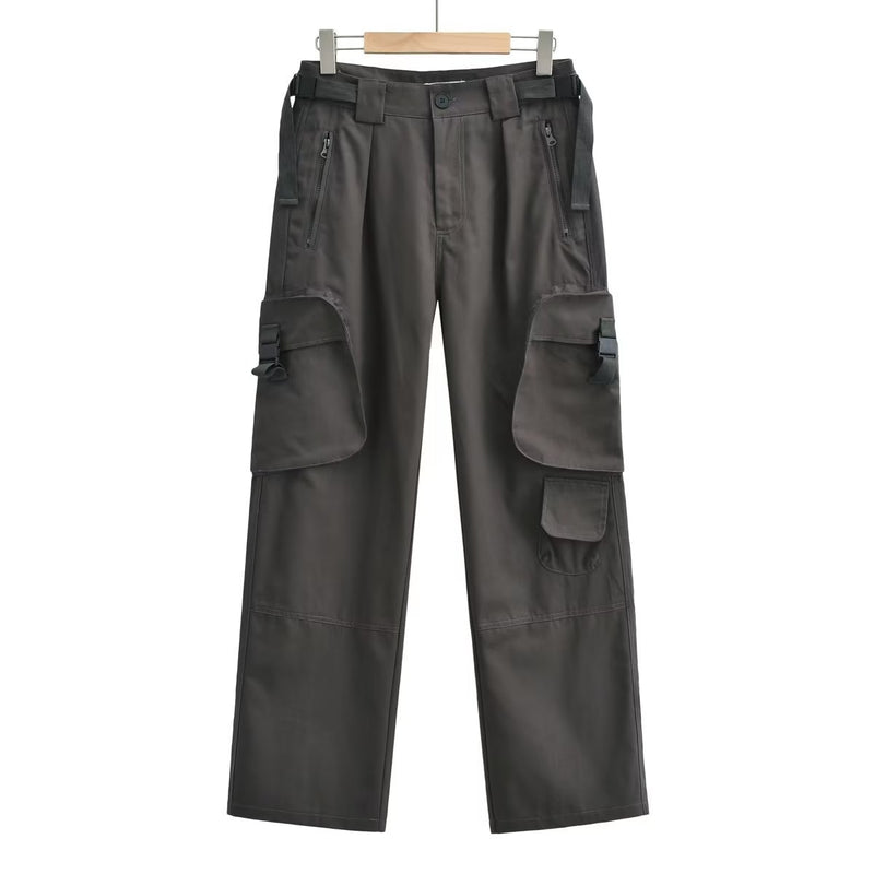Women Sweatpants Vintage Multi-Pocket Distressed Overalls Loose Straight Trousers
