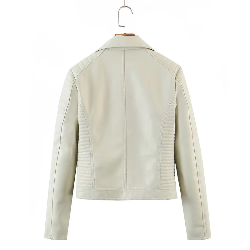 Women Leather Jacket Autumn and Winter Suit Collar Short Poly Urethane Leather Biker's Leather Jacket