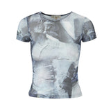 Women Tops Summer Mesh Printed T-shirt Slim-Fit Crop-Top
