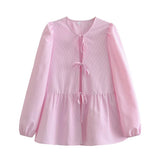 Women Tops Summer Puff Sleeve Bow Lace-up Shirt Mid-Length Top