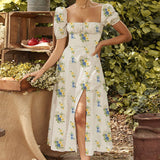 Robe Bridgerton Summer Square Collar Puff Sleeve Long Floral Dress