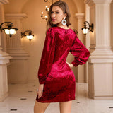 Women Dress Autumn and Winter V-neck Velvet Sheath Skirt Dress