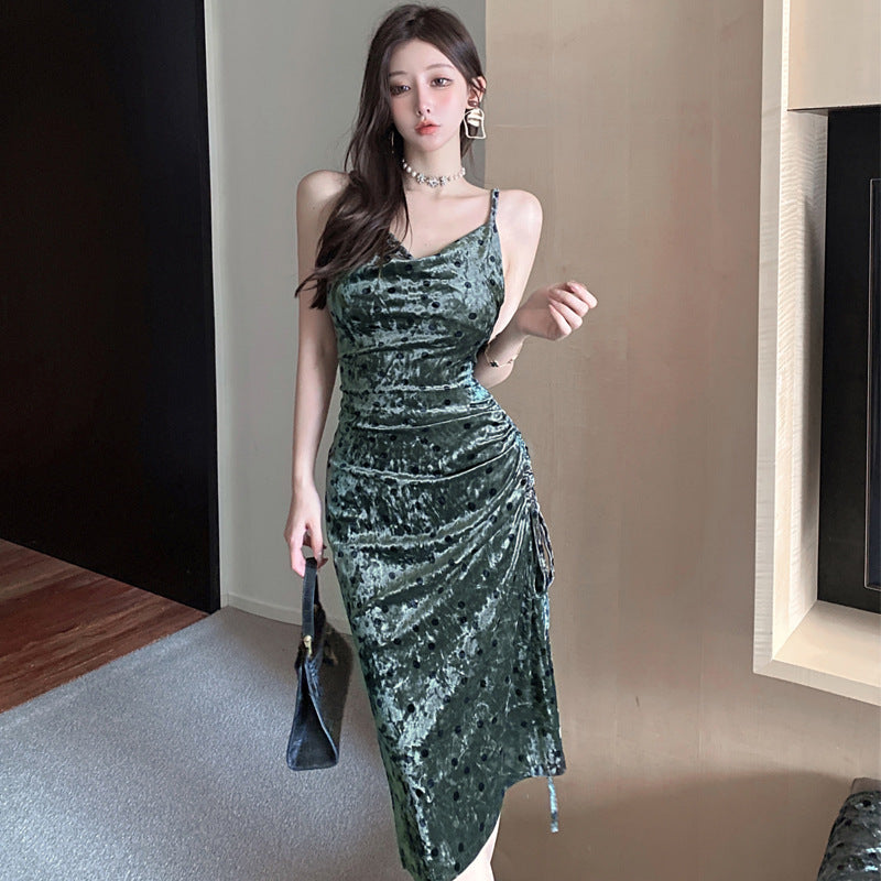 Women Maxi Dress Autumn Sexy Polka Dot Gold Velvet Long Sheath Dress