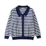 Women Sweater Knitwear Polo Collar Striped Knitted Cardigan Single-Breasted Sweater Coat