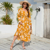 Women Date Dress Autumn and Winter Leisure Floral Print Long Sleeve Lace up Casual Dress Maxi Dress