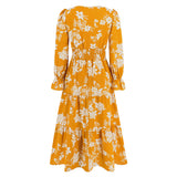 Women Date Dress Autumn and Winter Leisure Floral Print Long Sleeve Lace up Casual Dress Maxi Dress