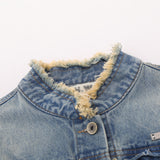 Women Jacket Short Frayed Hem Denim Jacket