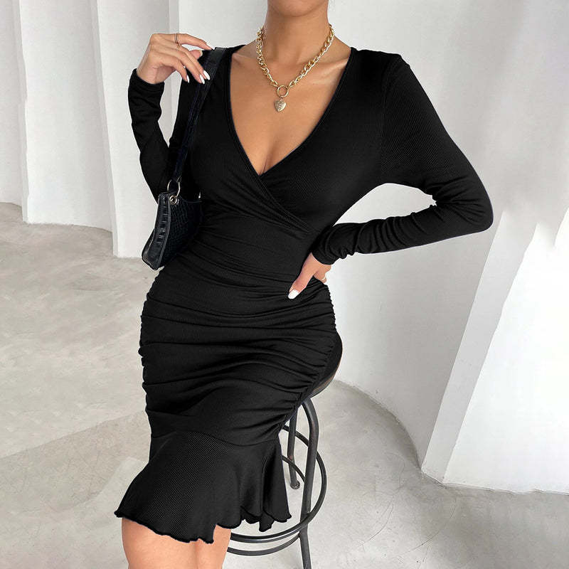 Women Dress Sexy V-neck Knitted Long Sleeve Narrow Dress