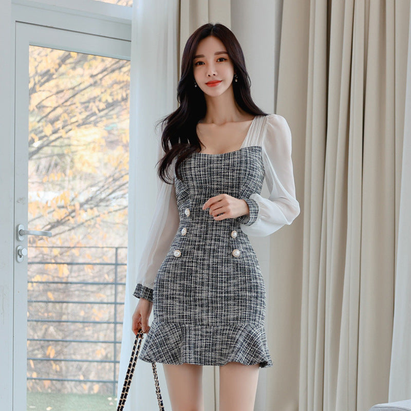 Women Maxi Dress Spring and Autumn Square Collar Long Sleeve Dress Short Skirt