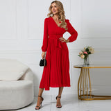 Women Date Dress Sexy V-neck Bubble Lantern Sleeve Pleated Skirt