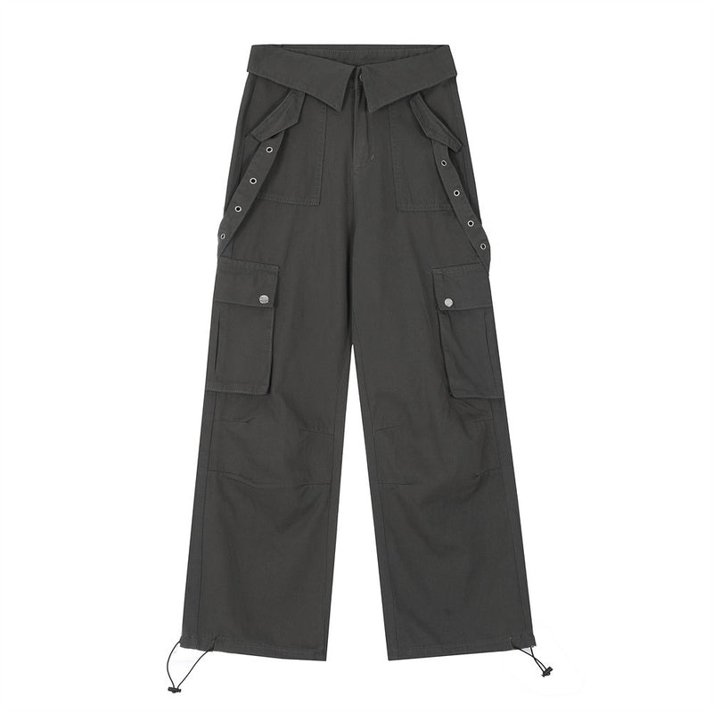 Women Pants Multi-Pocket Cargo Pants Baggy Straight Trousers Drawstring Ankle-Tied Trousers