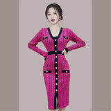 Women Maxi Dress Autumn Long Sleeve V-neck Buttons Knitted Dress
