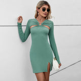 Women Dress V-neck Hollow Hip Sleeve Sexy Dress