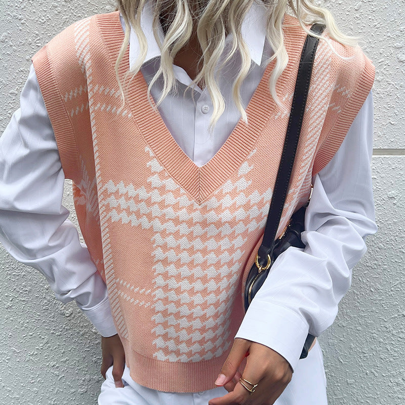 Women Knitted Sweater Autumn and Winter Houndstooth Knitted Vest