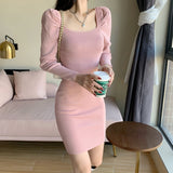 Women Maxi Dress Fall/Winter Square Collar Puff Sleeve Hip Knitwear Dress
