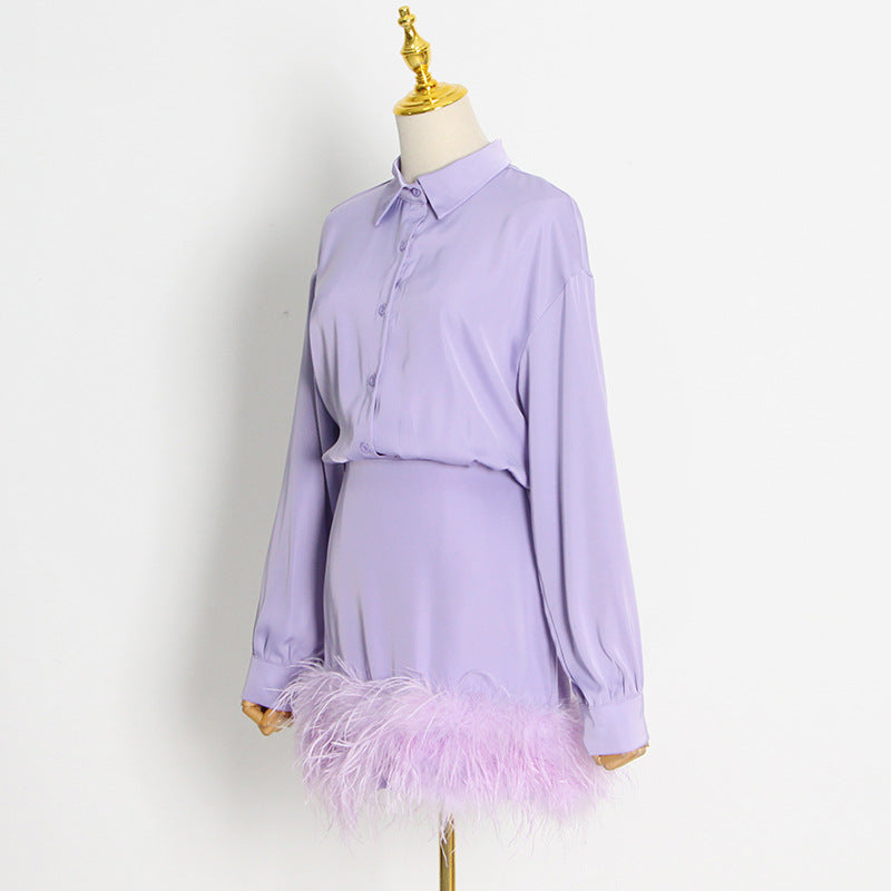 Women Dresses Short Skirt Spring Lapel Feather Long Sleeve Dress (Qymy0409)