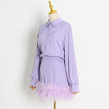 Women Dresses Short Skirt Spring Lapel Feather Long Sleeve Dress (Qymy0409)