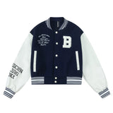 Women Jacket PU Leather Sleeve Baseball Uniform Embroidery Stitching Contrast Color Jacket Jacket